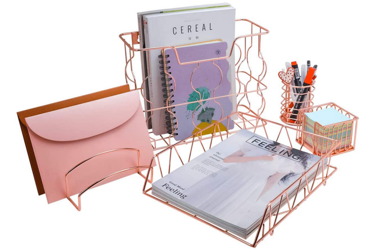 5pcs Rose Gold Office Supplies Set Wire Organizer Desk