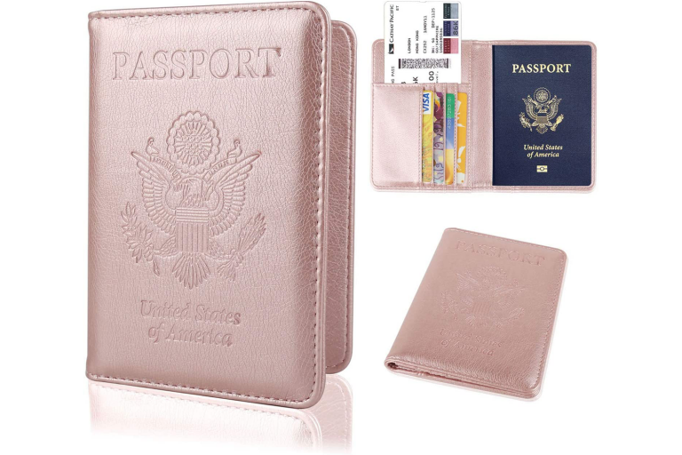 Rose Gold Leather Passport Holder Cover Case RFID Blocking Travel Wallet