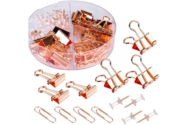 Rose Gold Push Pins Binder Clips Paperclips Sets